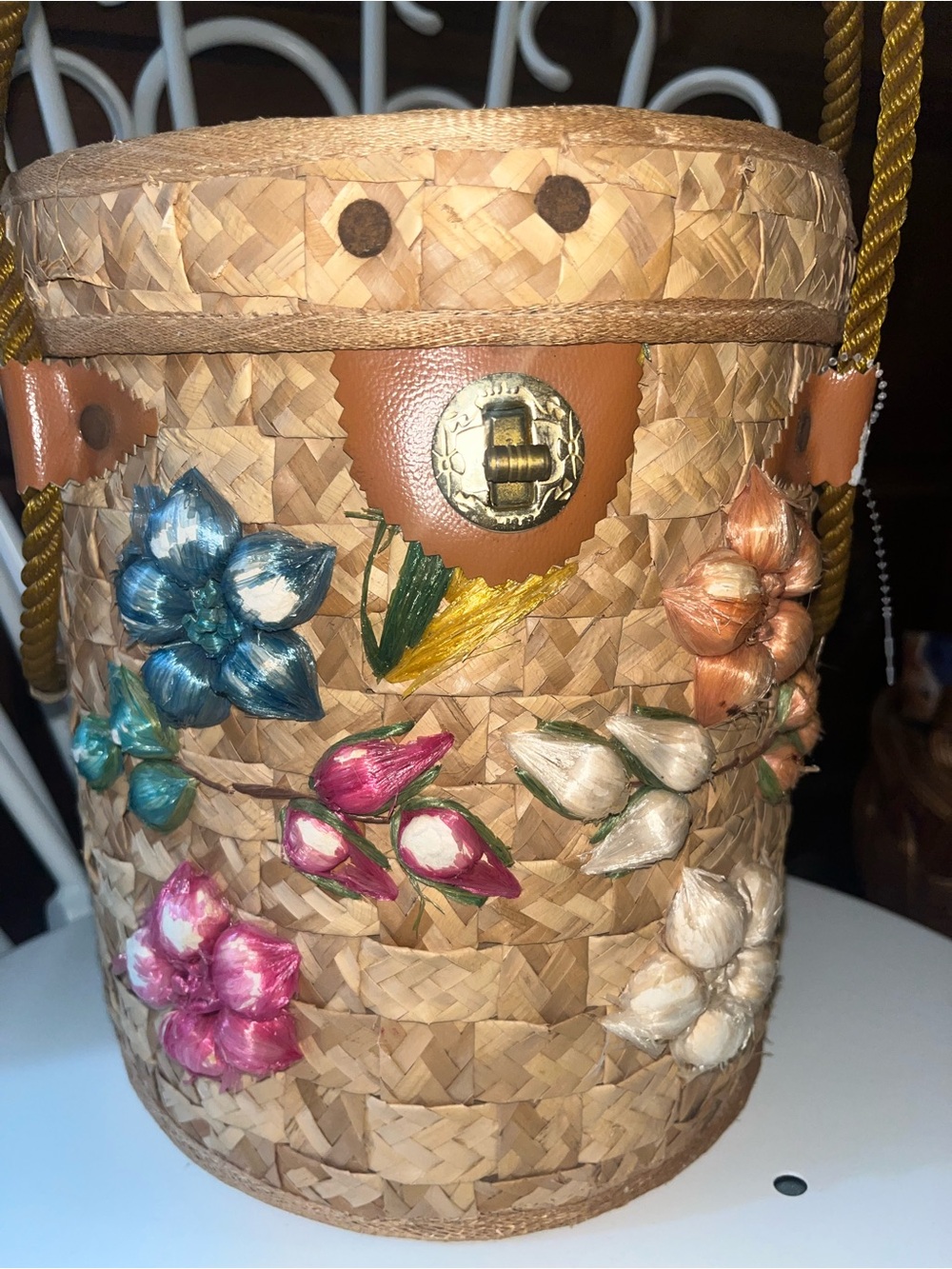 Vintage Handwoven Straw Floral Accent Bucket Bag - Pink, Blue, Peach, Cream